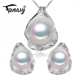 FENASY S925 Sterling Silver CZ Freshwater Pearl Jewelry Sets Necklace Earrings Shell Design For Women Anniversary Birthday Gift