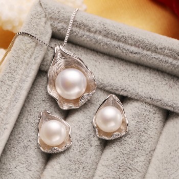 FENASY S925 Sterling Silver CZ Freshwater Pearl Jewelry Sets Necklace Earrings Shell Design For Women Anniversary Birthday Gift