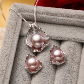FENASY S925 Sterling Silver CZ Freshwater Pearl Jewelry Sets Necklace Earrings Shell Design For Women Anniversary Birthday Gift