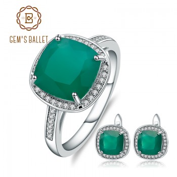 GEMS BALLET 9.62ct Natural Green Agate Stud Earrings Ring Set 925 Sterling Silver Natural Gemstone Fine Jewelry Set For Women