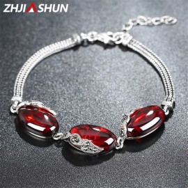 New Arrival 18-21cm 925 Sterling Silver Charm Bracelets Vintage Chalcedony/Garnet Bracelet for Women Female Fine Jewelry