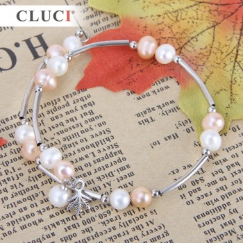 CLUCI White Freshwater Pearl Bracelets for Women  6-7 mm Beaded Charm Bracelet Femme Jewelry Silver Pearl Bracelets