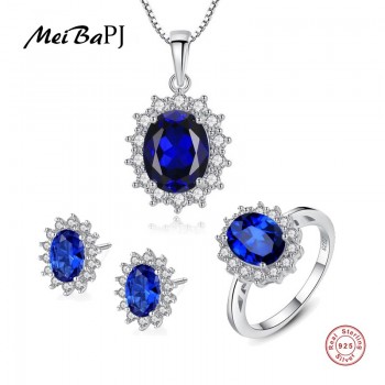 MeiBaPJ New Blue Stone 3 Suit Jewelry Set Real 925 Sterling Silver Pendant Earrings Ring Fine Charm Jewelry for Women
