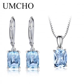 UMCHO Genuine 925 Sterling Silver Sky Blue Topaz Jewelry Sets Pendant Necklace Drop Earrings for Women Wedding Fine Jewelry Gift