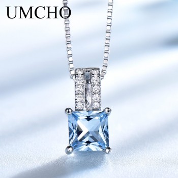 UMCHO 925 Sterling Silver Jewelry Set Nano Aquamarine Sky Blue Topaz Ring Pendant Stud Earrings Necklace For Women Fine Jewelry