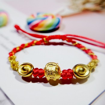 Pure 24K 999 Yellow 3D Gold Year of the Pig Bracelet Luck Pig Zodiac Weaving Rope For Women Baby Female Bracelet 16cmL 0.2-0.3g
