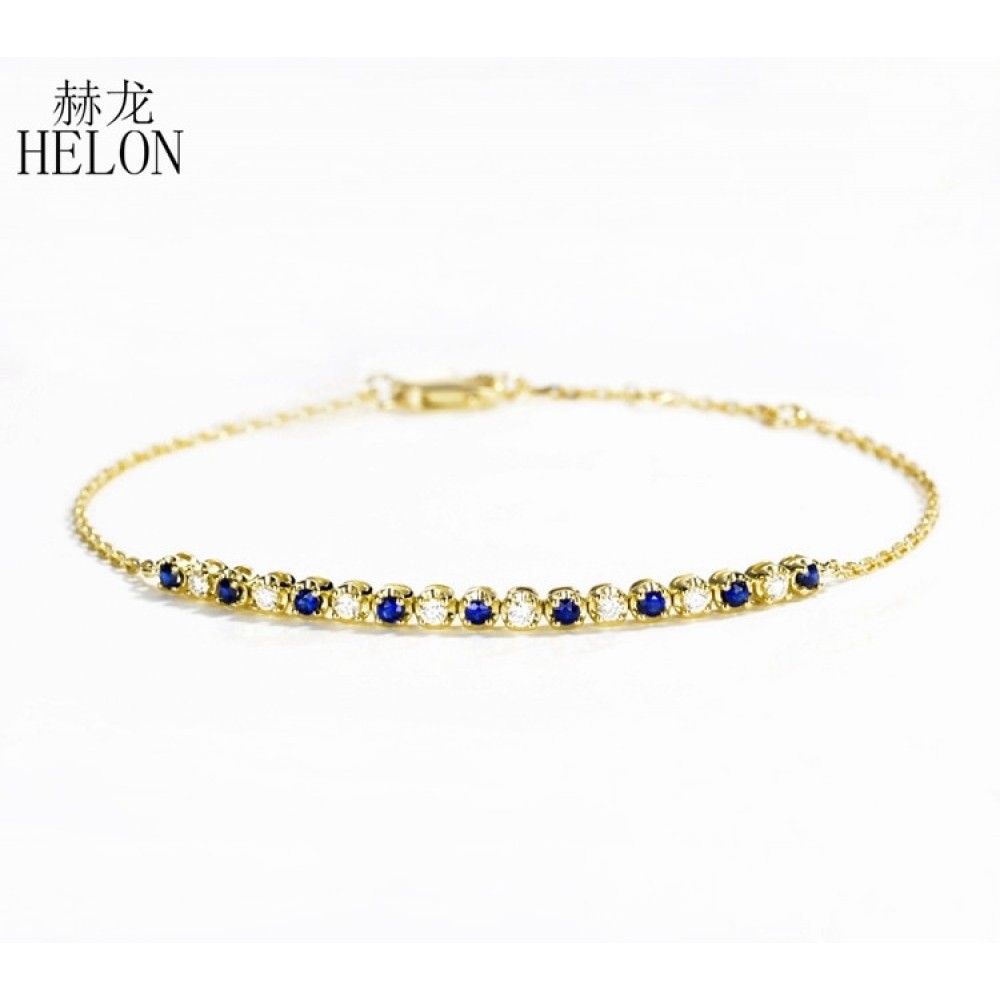 HELON Solid 18K 750 Yellow Gold Round SI/H 0.35ct 100% Genuine natural diamond amp; Sapphire Bracelet For Women Trendy Fine Jewelry