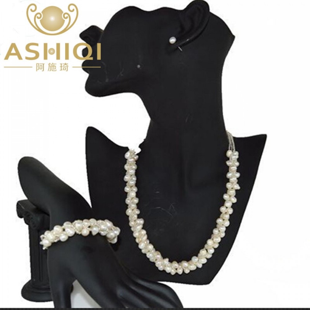 ASHIQI 100% Freshwater pearl Necklace /bracelet /stud Earring  Jewelry Sets For Women