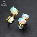 TBJ,100% natural Top quality opal jewelry set Ring and earring S925  silver yellow gold simple design for women daily wear gift