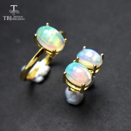 TBJ,100% natural Top quality opal jewelry set Ring and earring S925  silver yellow gold simple design for women daily wear gift