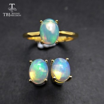 TBJ,100% natural Top quality opal jewelry set Ring and earring S925  silver yellow gold simple design for women daily wear gift