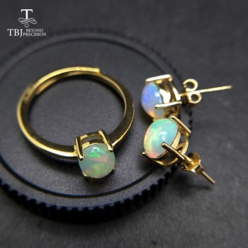 TBJ,100% natural Top quality opal jewelry set Ring and earring S925  silver yellow gold simple design for women daily wear gift