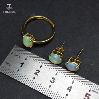 TBJ,100% natural Top quality opal jewelry set Ring and earring S925  silver yellow gold simple design for women daily wear gift