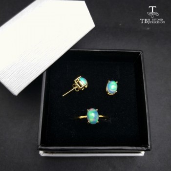 TBJ,100% natural Top quality opal jewelry set Ring and earring S925  silver yellow gold simple design for women daily wear gift