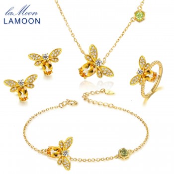 LAMOON Bee 1ct 100% Natural Oval Citrine Jewelry Sets 925 sterling-silver-jewelry Earrings Rings Bracelet Necklace Women V027-5