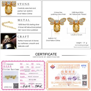 LAMOON Bee 1ct 100% Natural Oval Citrine Jewelry Sets 925 sterling-silver-jewelry Earrings Rings Bracelet Necklace Women V027-5