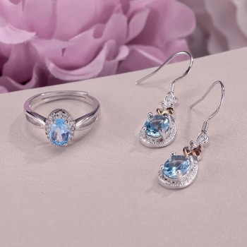 Fine Jewelry Sets For Women 925 Silver Natural Blue Topaz Gemstone Ring Drop Earrings 2PCS Simple Bijoux Accessories CCS010