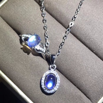 Natural blue moonstone set, crystal clean, ring necklace, womens party wear must-have jewelry, 925 sterling silver