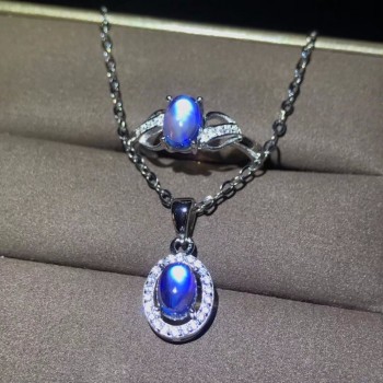 Natural blue moonstone set, crystal clean, ring necklace, womens party wear must-have jewelry, 925 sterling silver