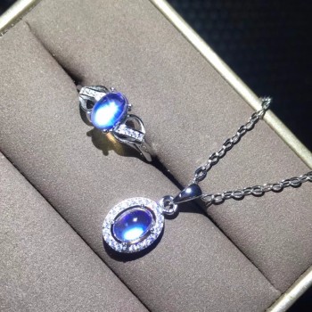 Natural blue moonstone set, crystal clean, ring necklace, womens party wear must-have jewelry, 925 sterling silver