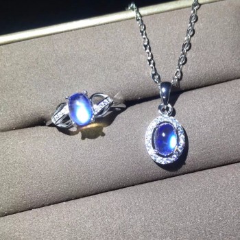 Natural blue moonstone set, crystal clean, ring necklace, womens party wear must-have jewelry, 925 sterling silver
