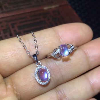 Natural blue moonstone set, crystal clean, ring necklace, womens party wear must-have jewelry, 925 sterling silver