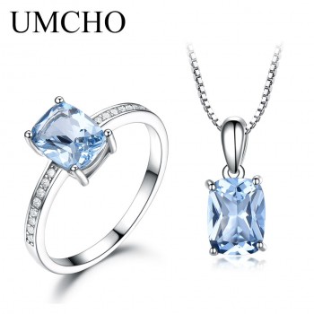 UMCHO Real 925 Sterling Silver Jewelry Created Sky Blue Topaz Rings Necklace Elegant Wedding Gifts For Women Fine Jewelry Sets