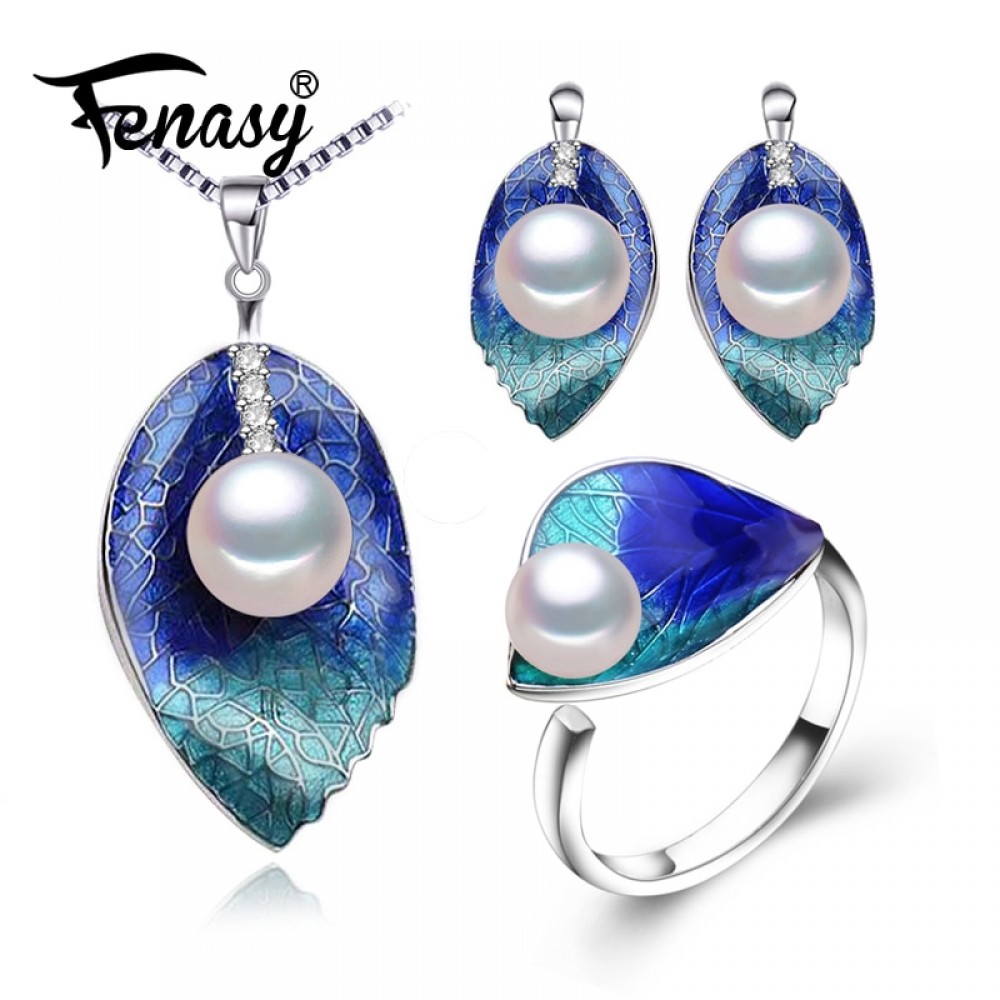 FENASY Pearl Jewelry sets 925 Sterling Silver stud earrings,natural Pearl leaf necklace for women love Cloisonne earrings ring