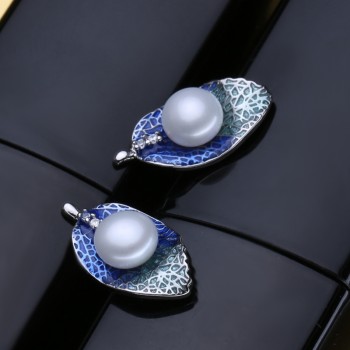 FENASY Pearl Jewelry sets 925 Sterling Silver stud earrings,natural Pearl leaf necklace for women love Cloisonne earrings ring