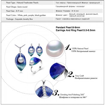 FENASY Pearl Jewelry sets 925 Sterling Silver stud earrings,natural Pearl leaf necklace for women love Cloisonne earrings ring