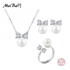 MeiBaPJ 925 Sterling Silver Bow Tie Suit Genuine Nearround Freshwater Pearl Earrings/Ring/Necklace Jewelry Set For Women