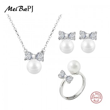 MeiBaPJ 925 Sterling Silver Bow Tie Suit Genuine Nearround Freshwater Pearl Earrings/Ring/Necklace Jewelry Set For Women