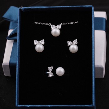 MeiBaPJ 925 Sterling Silver Bow Tie Suit Genuine Nearround Freshwater Pearl Earrings/Ring/Necklace Jewelry Set For Women