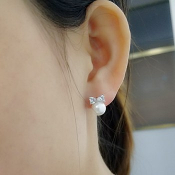 MeiBaPJ 925 Sterling Silver Bow Tie Suit Genuine Nearround Freshwater Pearl Earrings/Ring/Necklace Jewelry Set For Women