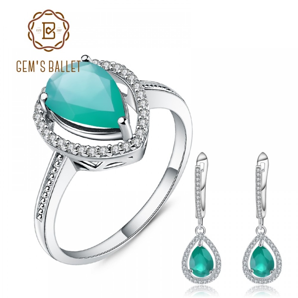 GEMS BALLET 925 Sterling Silver Jewelry Set Water Drop Natural Green Agate Gemstone Earrings Ring Set For Women Fine Jewelry