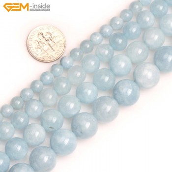 Gem-inside Natural 6-12mm Round Stone Beads Smooth Aquamarine Color Blue Jades Beads For Jewelry Making Beads 15inch DIY Beads