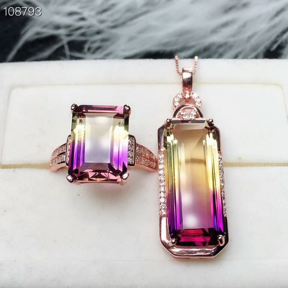MeiBaPJ Natural Ametrine 925 Pure Silver Suit Necklace and Rings Jewelry Set for Women Wedding Party Fine Jewelry