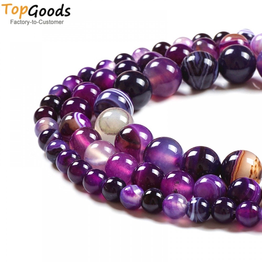 TopGoods Natural  Stone Beads Purple Striated Agate Round Loose Gemstone DIY Women Bracelet  4 6 8 10 12mm for Jewelry Making