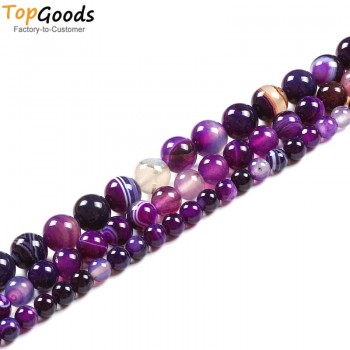 TopGoods Natural  Stone Beads Purple Striated Agate Round Loose Gemstone DIY Women Bracelet  4 6 8 10 12mm for Jewelry Making