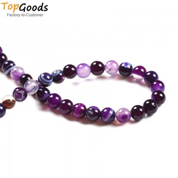 TopGoods Natural  Stone Beads Purple Striated Agate Round Loose Gemstone DIY Women Bracelet  4 6 8 10 12mm for Jewelry Making