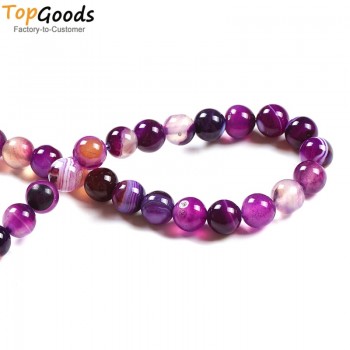 TopGoods Natural  Stone Beads Purple Striated Agate Round Loose Gemstone DIY Women Bracelet  4 6 8 10 12mm for Jewelry Making