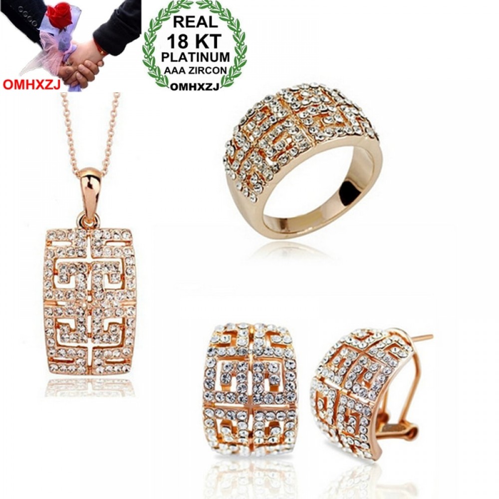 OMHXZJ Wholesale AAA Austrian Crystal Gold Silver 18KT Platinum Woman Fashion Bride  Necklace Earrings Ring Jewelry Sets ST10