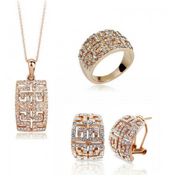 OMHXZJ Wholesale AAA Austrian Crystal Gold Silver 18KT Platinum Woman Fashion Bride  Necklace Earrings Ring Jewelry Sets ST10