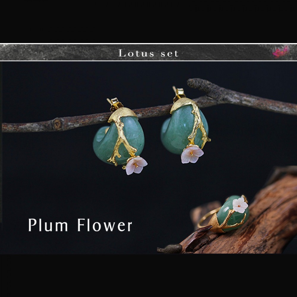 Lotus Fun Real 925 Sterling Silver Natural Stone Creative Handmade Fine Jewelry Plum Flower Jewelry Set with Ring Stud Earring