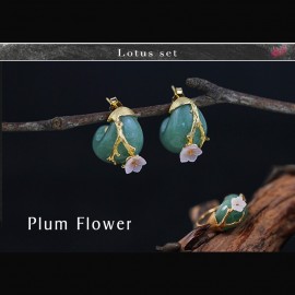 Lotus Fun Real 925 Sterling Silver Natural Stone Creative Handmade Fine Jewelry Plum Flower Jewelry Set with Ring Stud Earring