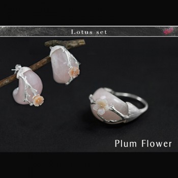 Lotus Fun Real 925 Sterling Silver Natural Stone Creative Handmade Fine Jewelry Plum Flower Jewelry Set with Ring Stud Earring