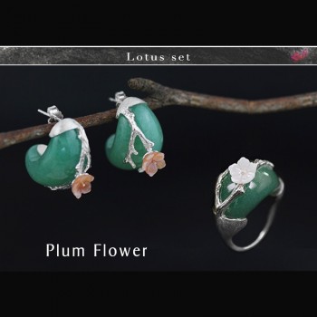 Lotus Fun Real 925 Sterling Silver Natural Stone Creative Handmade Fine Jewelry Plum Flower Jewelry Set with Ring Stud Earring