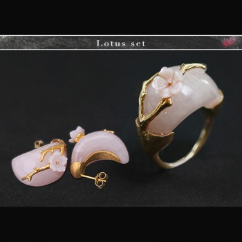 Lotus Fun Real 925 Sterling Silver Natural Stone Creative Handmade Fine Jewelry Plum Flower Jewelry Set with Ring Stud Earring