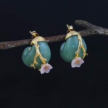 Lotus Fun Real 925 Sterling Silver Natural Stone Creative Handmade Fine Jewelry Plum Flower Jewelry Set with Ring Stud Earring