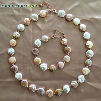 baroque pearl choker statement necklace bracelet mixed color round coin flat shape real freshwater pearls red golden 3mm beads